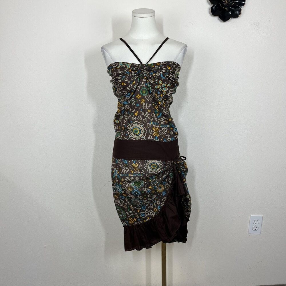 Sacred Threads Dress Womens Medium Brown Paisley Smocked Sundress Ruffle Boho